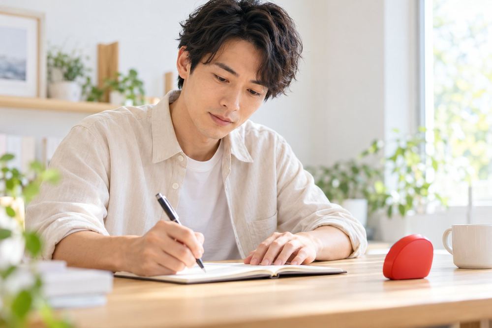 30代の男性が机の上でタイマーとノートを置き、5分間の流れを時間ごとに書き出している