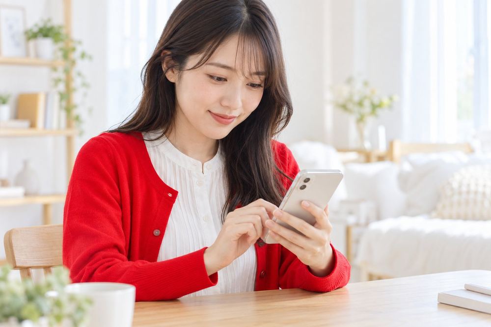 20代の女性が部屋の机でスマホを操作し、コラボ配信の招待を相手に送っている