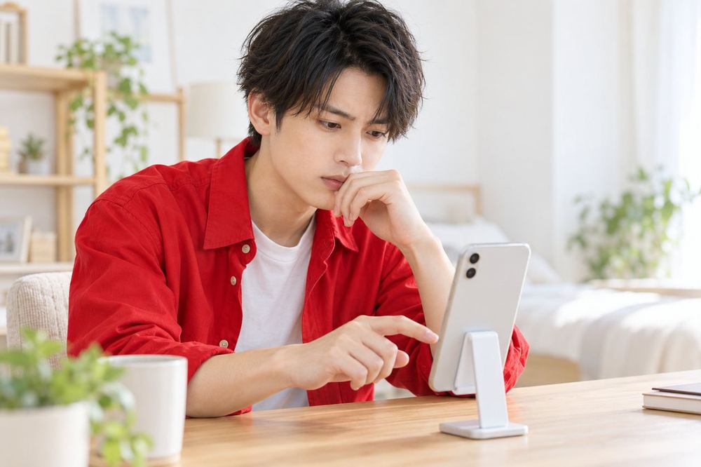 20代の男性が配信の画面を見ながら、終了ボタンを押すかどうか迷って画面を見つめている