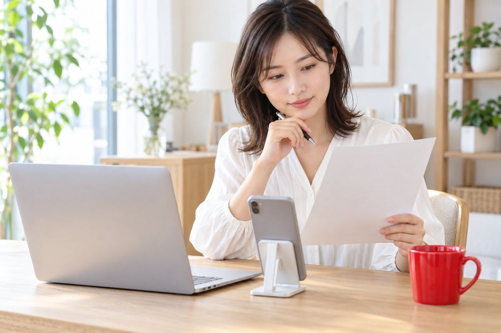 30代の女性がパソコンとスマホを並べて、バトルに出る前のチェックリストを確認している