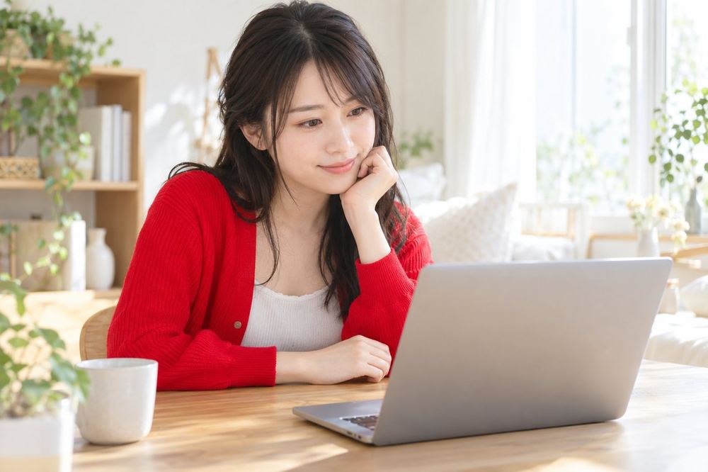 20代の女性が配信を終えたあと、デスクで画面を見ながら落ち着いて今日の配信を振り返っている