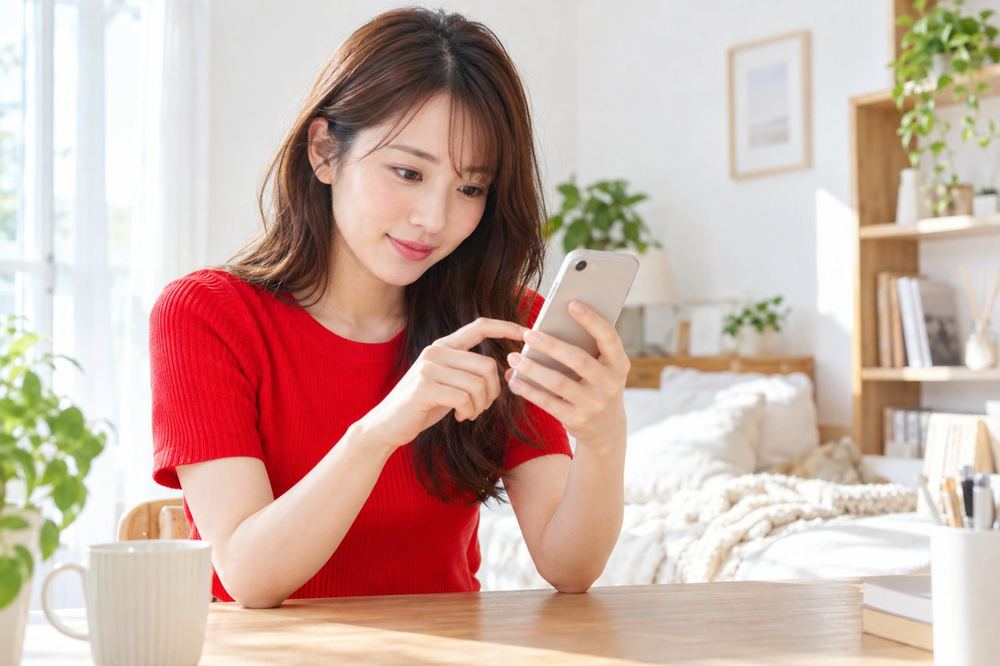 20代の女性が部屋の机でスマホを持ち、TikTokのメニュー画面をたどりながら、配信者向けの項目を探している
