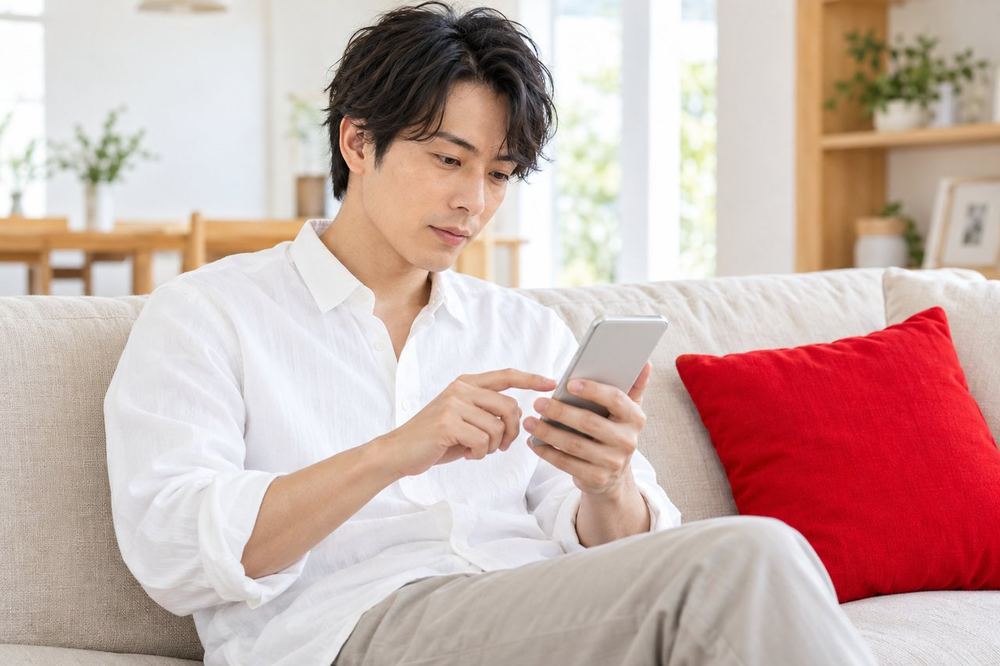 30代の男性がソファでスマホを操作して、設定の画面からクリエイター向けのメニューを順にたどっている