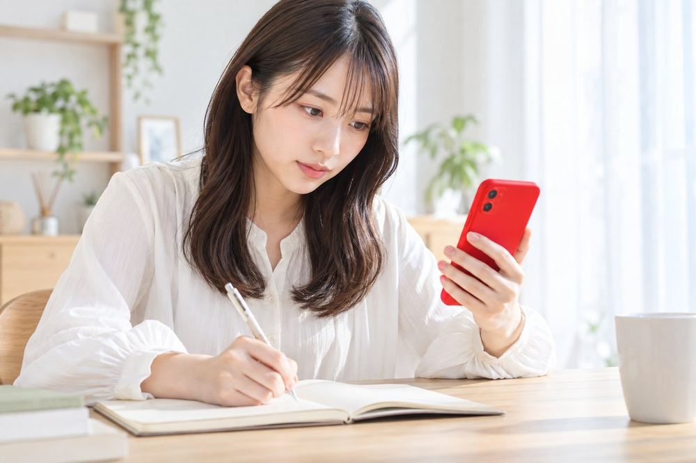 20代の女性が机でノートを開き、スマホに表示された配信の数字を一つずつ書き写している