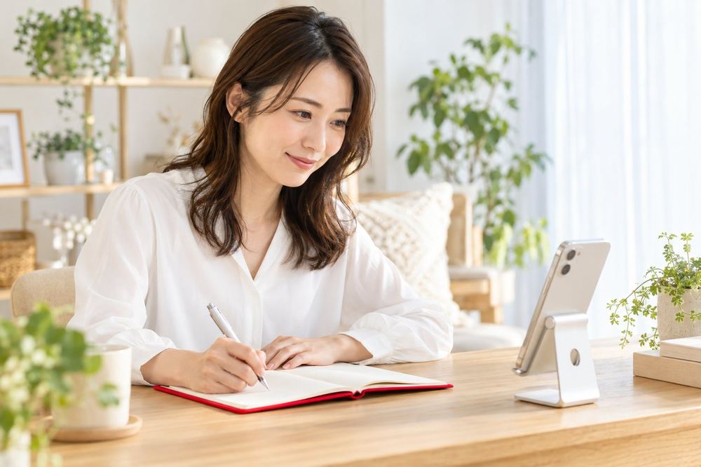 配信を終えた30代の女性が机に座り、スマホのリプレイを見ながらノートに気づいたことを書いている