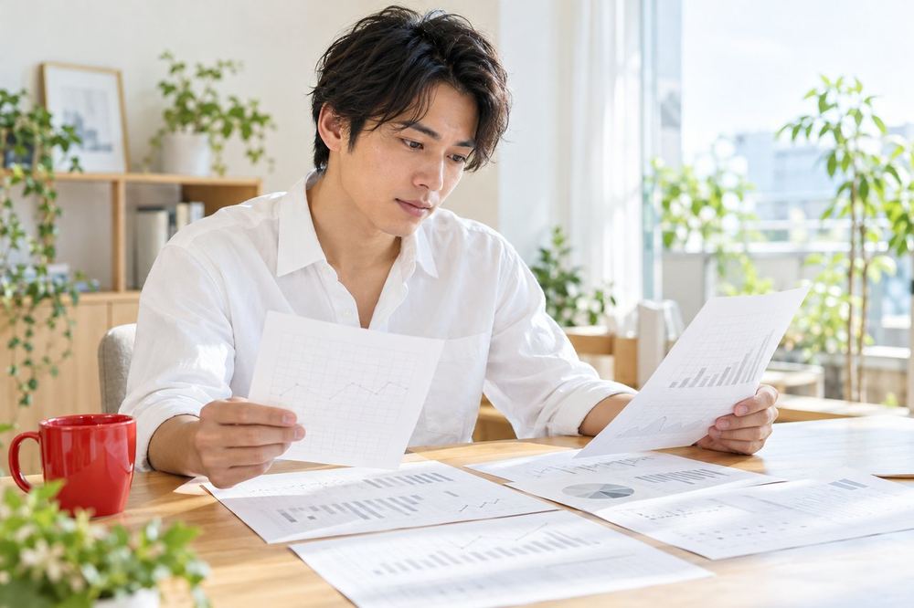 日曜の午後、20代の男性が机で1週間分の記録シートを並べて、傾向を見比べている