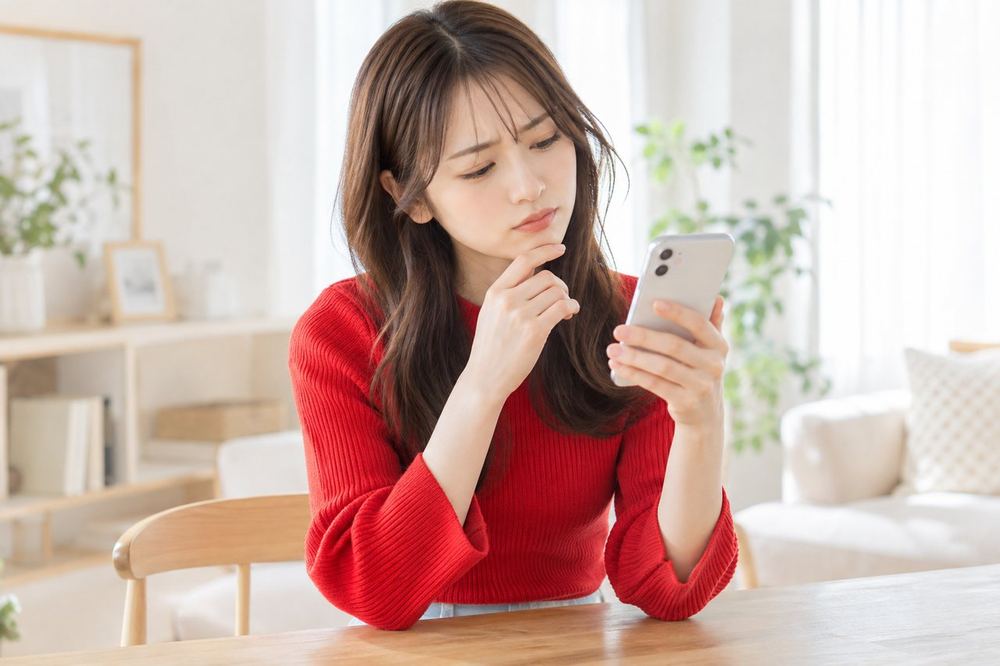 20代の女性がスマホの画面を見て首をかしげながら、メニューの中に目的の項目がないか探している