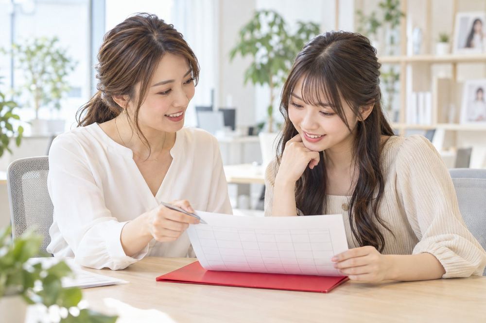 明るいオフィスで、ライバー経験のある女性のマネージャーが、20代の女性と一緒に配信の記録シートを見ながら話している