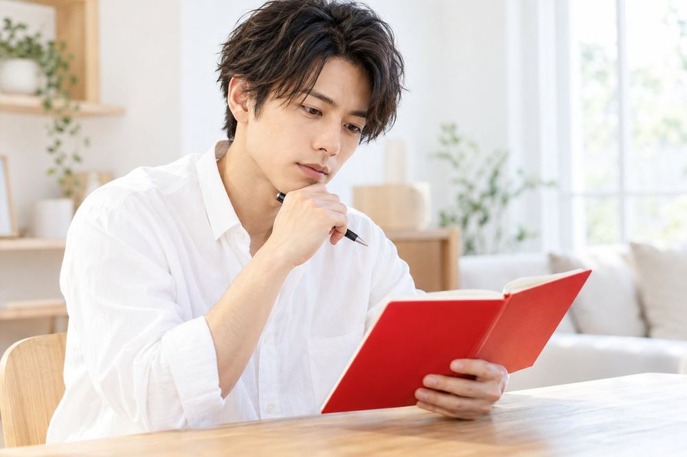 机の上のノートに、ふたりの配信の雰囲気や時間帯を書き出して、組む相手の条件を考えている男性