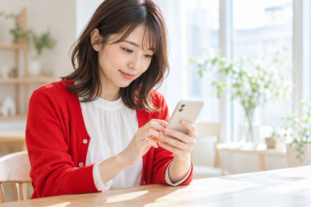 窓際の席で、女性がスマホにメッセージの文面を打ち込み、コラボの誘いを丁寧に送ろうとしている