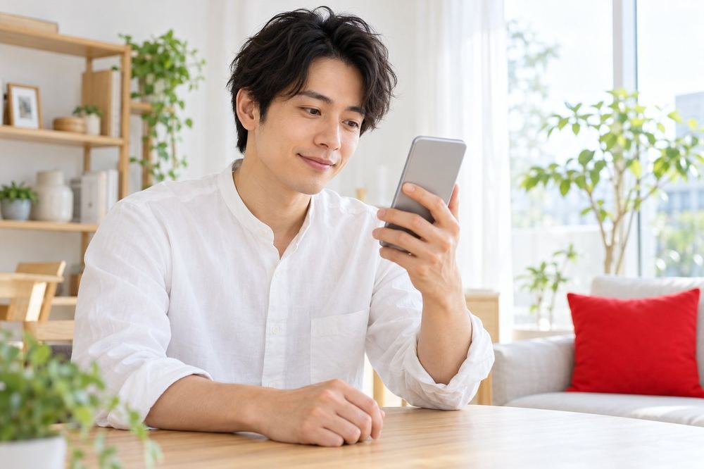 落ち着いた部屋で、男性がスマホの画面を見ながら、コラボ中に映ってよいものを確かめている