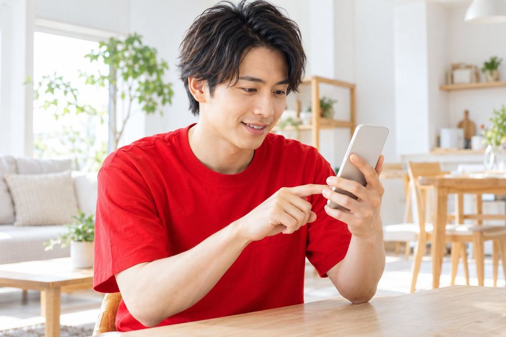 部屋で男性がスマホを手に、配信中に画面下部のボタンを押して相手を招待しようとしている