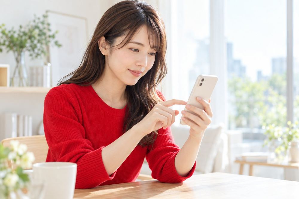 窓際で女性が、スマホの画面を見ながら配信に呼んだゲストの画面の並びを調整している