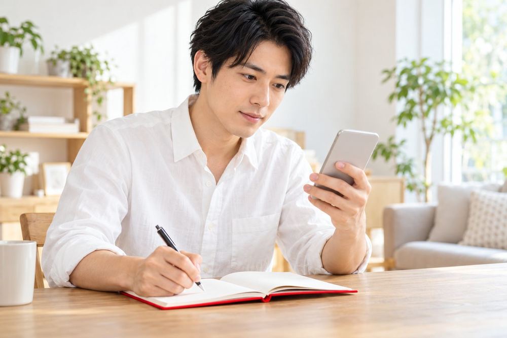 机の前で若い男性が、スマホの画面を見ながらノートに条件を書き出して確かめている