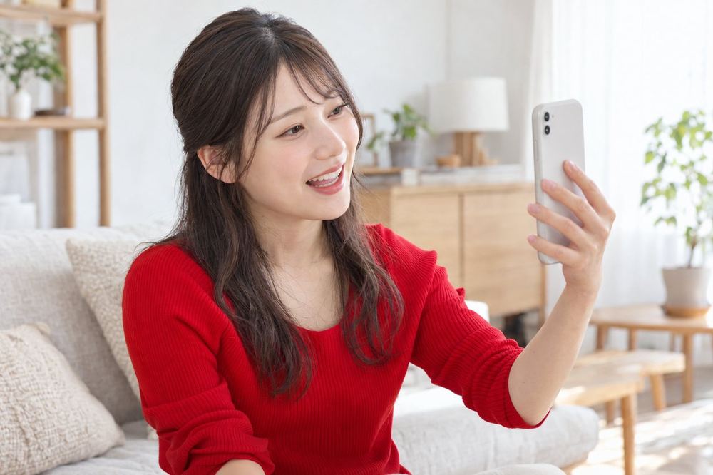 20代の女性が明るい部屋でスマホを少し離して構え、流れてくるコメントの名前を声に出して読みながら笑顔で返事をしている