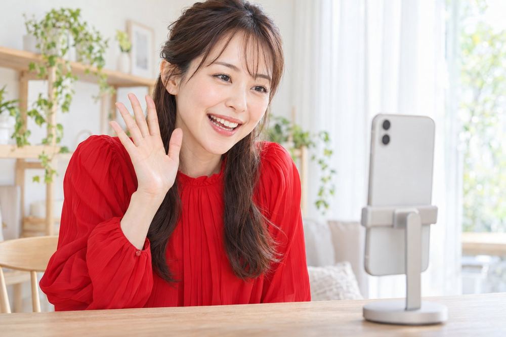 30代の女性が配信を始めた直後に、画面に出た名前を読み上げて手を振り、笑顔であいさつをしている
