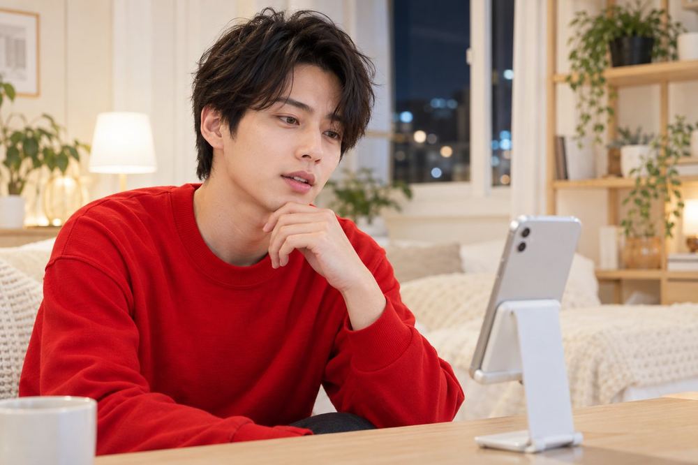 夜の部屋で20代の男性がスマホに向かって話しながら、コメントの来ない画面を見て、次に話すことを考えている