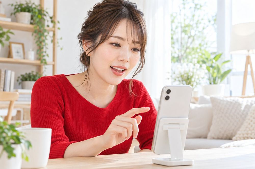 30代の女性が速く流れるコメントの画面を見ながら、気になった一件を選んで声に出して読み上げている