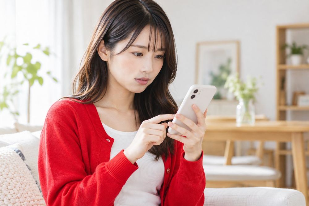 20代の女性が落ち着いた表情でスマホの画面を見ながら、気になるコメントに指を当て、設定の画面を開いている