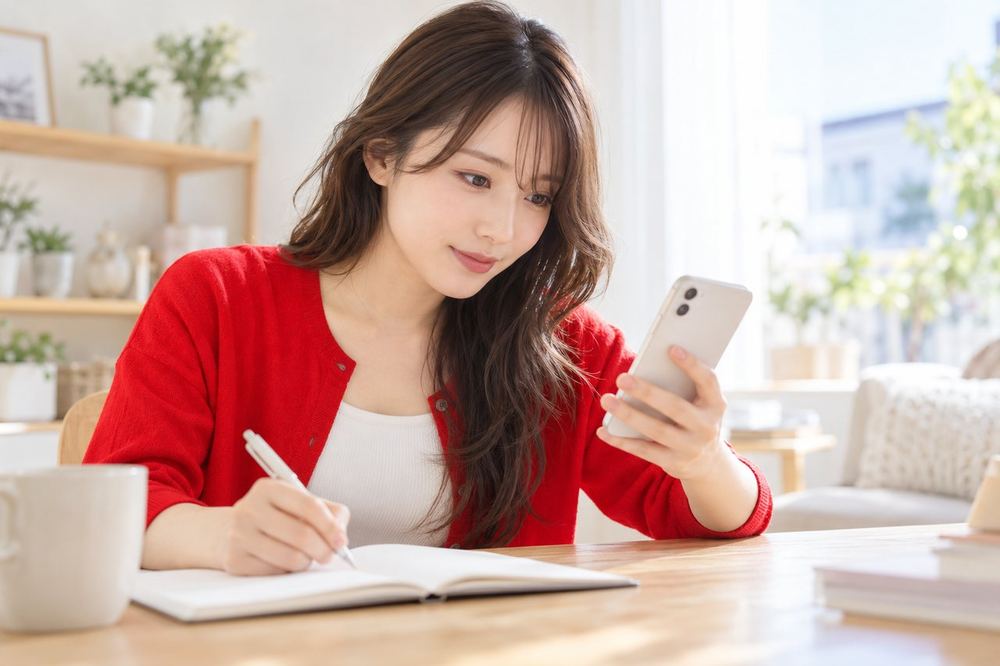 昼間の部屋で20代の女性が机に向かい、スマホで配信の録画を再生しながら、返せなかったコメントをノートに書き留めている