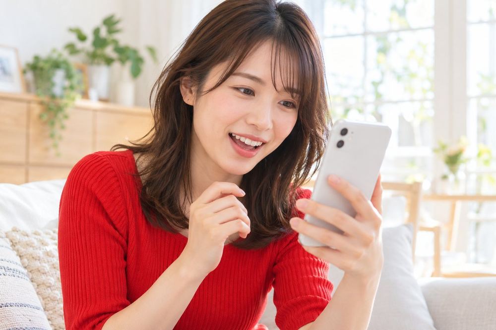 20代の女性が明るい部屋で、スマホのLIVEの画面を自分の方に向けて、流れてくるコメントを読みながら笑顔で返事をしている