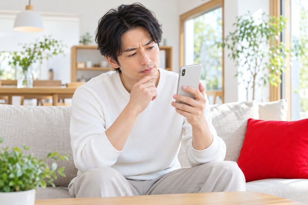 ソファに座った30代の男性が、スマホのLIVEの画面を見ながら、コメント欄が使えない理由を考えて首をかしげている