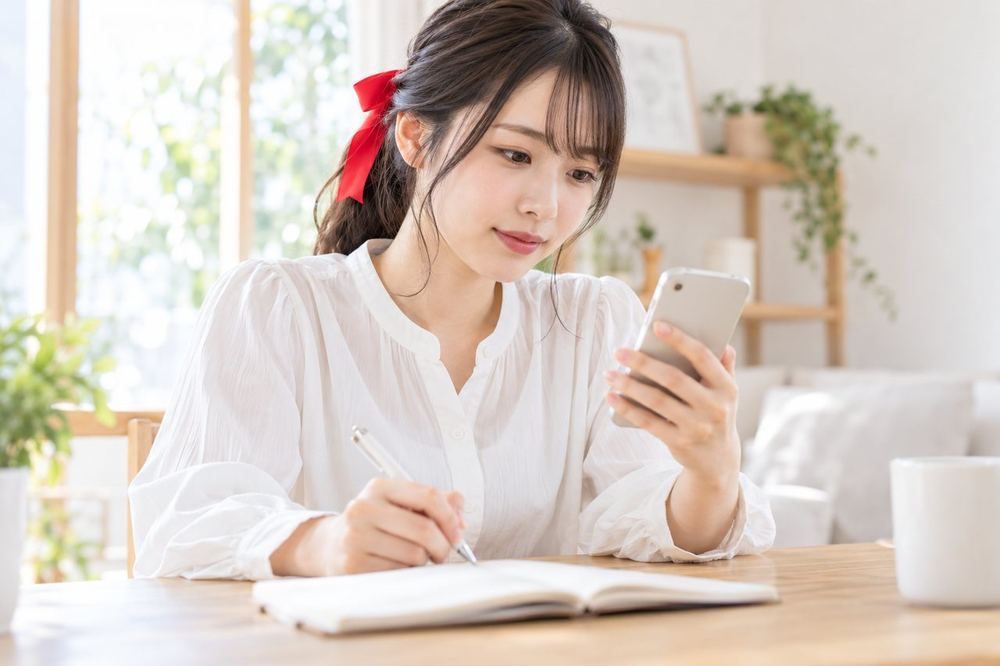 明るい部屋の机で、20代の女性がスマホの設定の画面を操作しながら、手元のノートに設定の項目を書き留めている