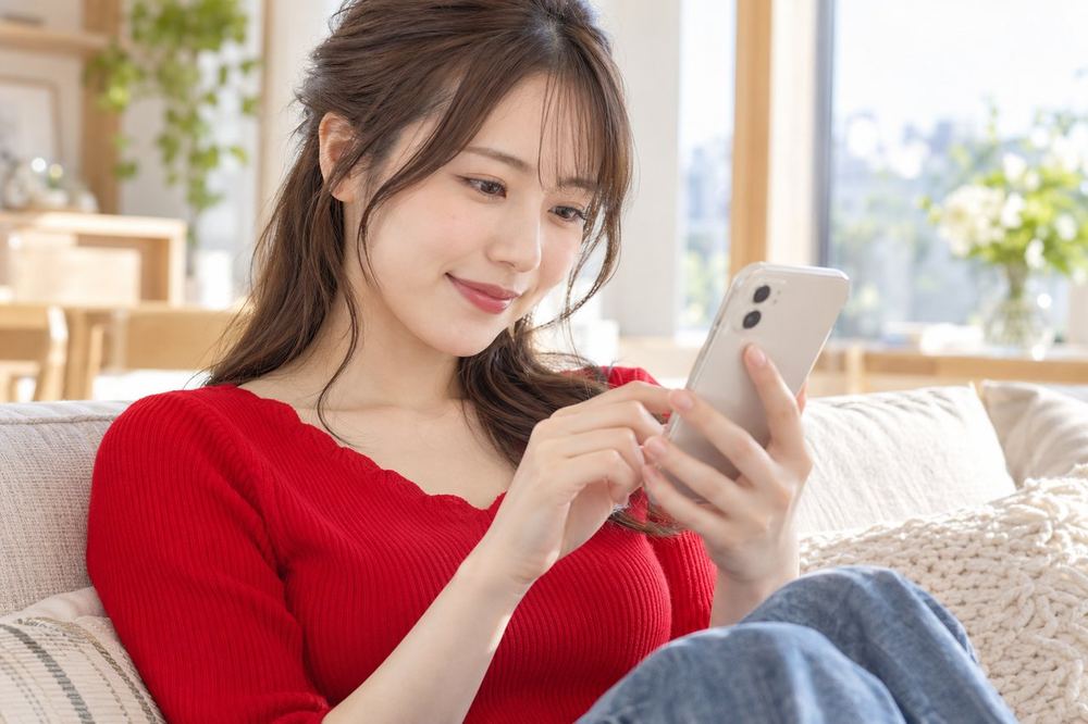 窓際のソファで20代の女性が、スマホのLIVEのコメント欄を見ながら、友人のモデレーターとメッセージで相談している