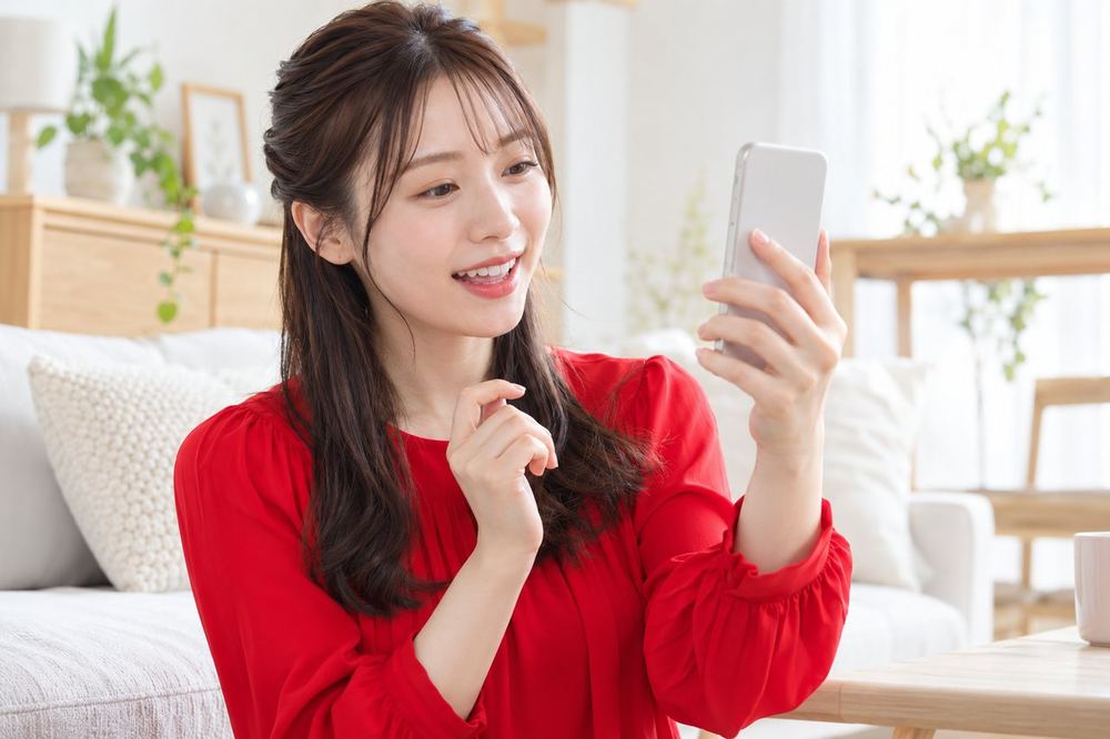 明るい部屋で、20代の女性がスマホを少し離して構え、画面に出たコメントの名前を声に出して呼びながら返事をしている