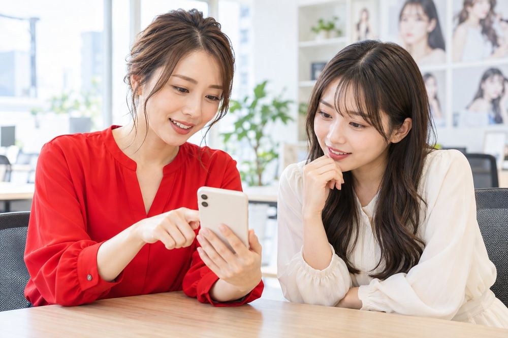 明るいオフィスで、ライバー経験のある女性のマネージャーが、20代の女性にスマホの画面を見せながらコメントの設定を説明している