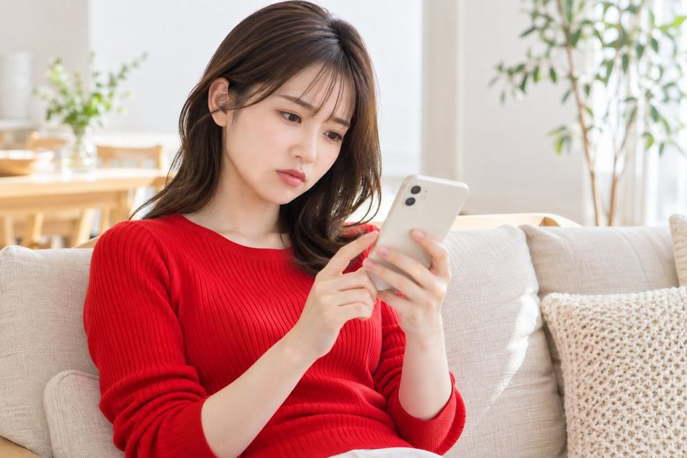 ソファに座ってスマホの画面を見つめ、首をかしげている20代の女性
