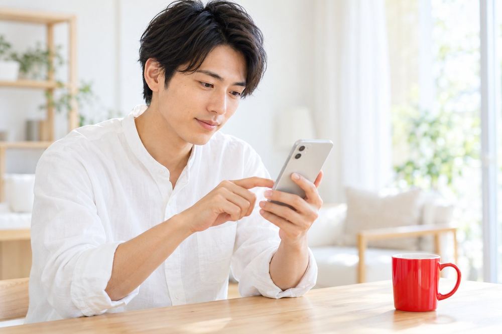 机の上でスマホを開き、条件の一覧を指でなぞりながら確かめている男性