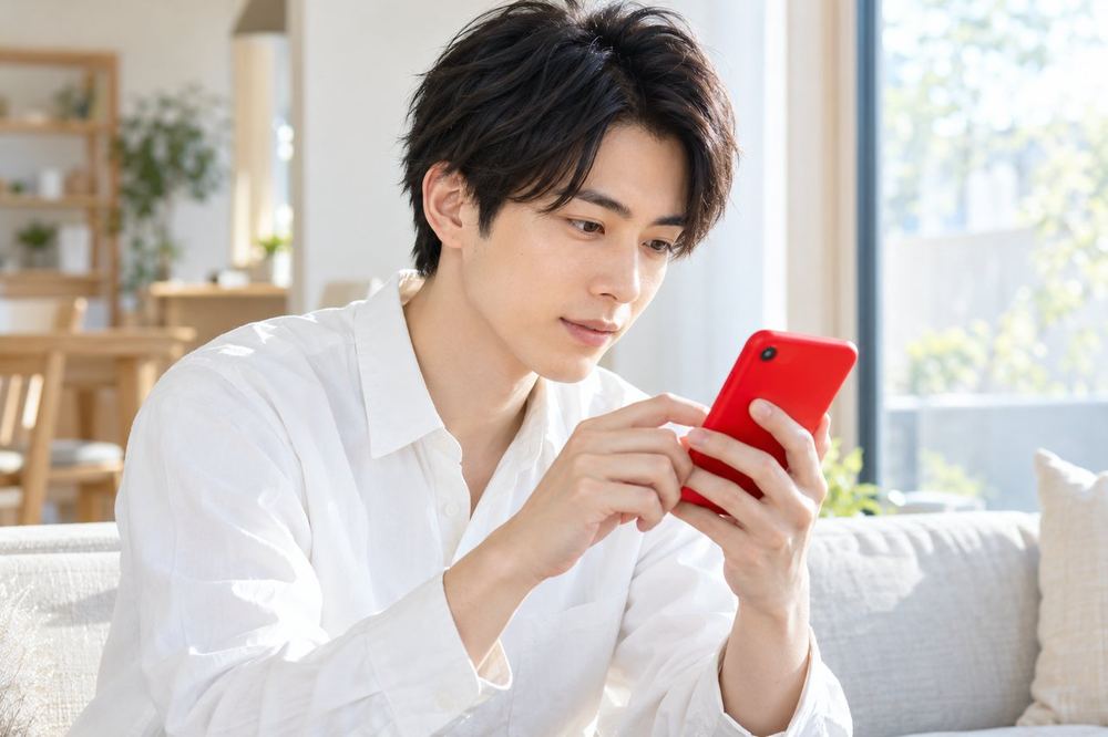 窓際でスマホのアカウント画面を見つめ、設定を確かめている20代の男性