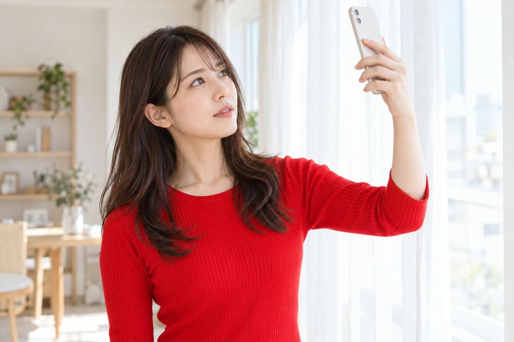部屋の窓際でWi-Fiの電波を確かめながら、スマホを持ち上げている女性