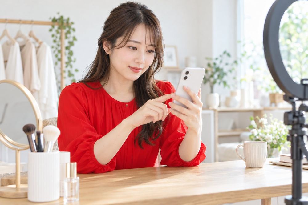 配信の準備画面を見ながら、設定のスイッチを一つずつ確かめている若い女性