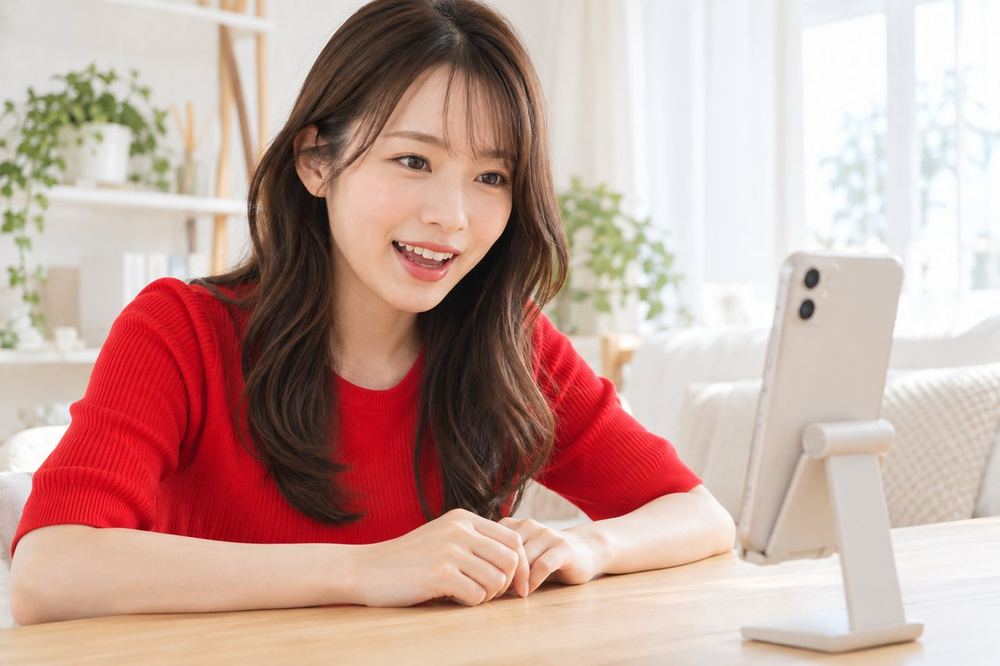 女性がスマホを机に立てかけ、配信画面の人数の表示を見ながら、画面に向かって話しかけている