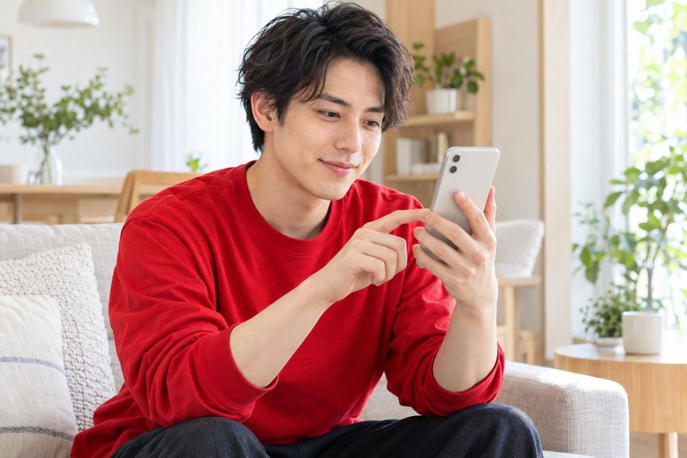 男性がスマホでTikTokのLIVEの一覧を、指で上にスワイプしながら次々に見ている