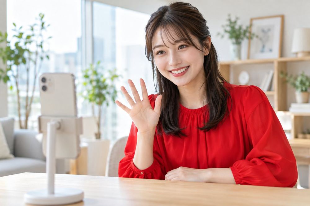 女性がスマホのカメラに向かって笑顔で手を振り、配信を始めたばかりの挨拶をしている