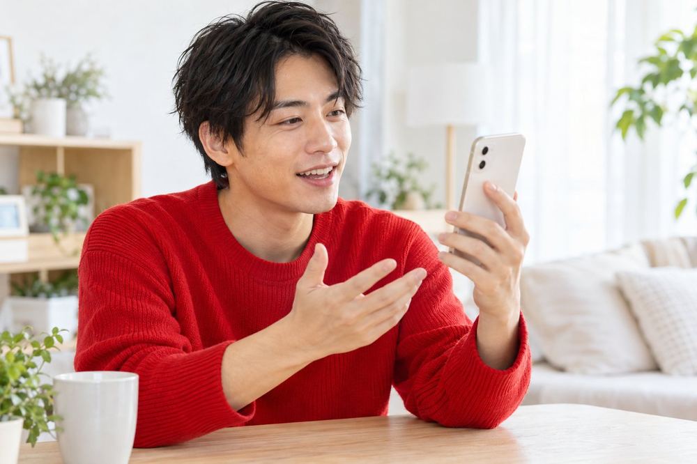 男性がスマホの画面に流れるコメントを読み、画面の向こうの視聴者に話しかけるように返事をしている