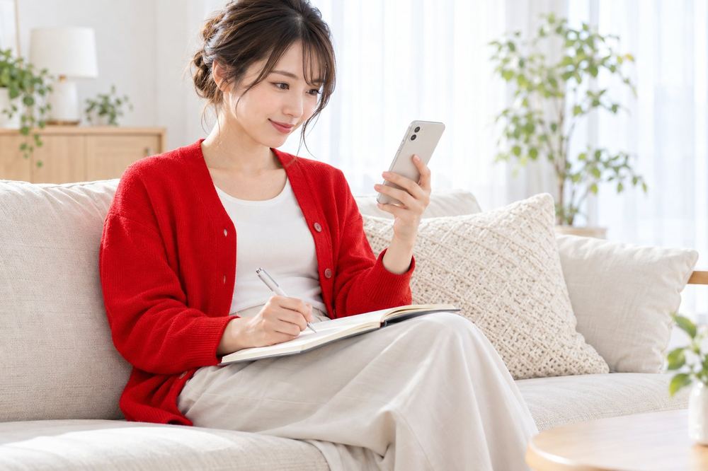 女性がソファに座り、スマホで自分の配信の録画を再生しながら、ノートに気づいたことを書き留めている