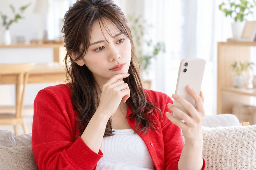 女性がスマホの画面を見て首をかしげ、人数を増やす方法について、慎重に考えている