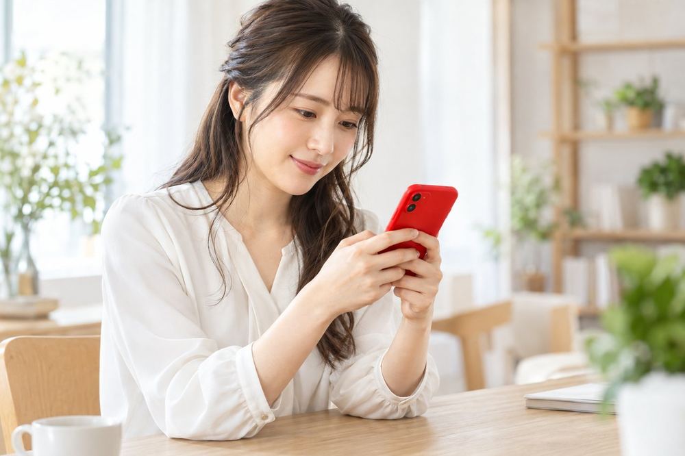 女性がスマホでメッセージを打ちながら、配信の伸び悩みについて、オンラインで相談している