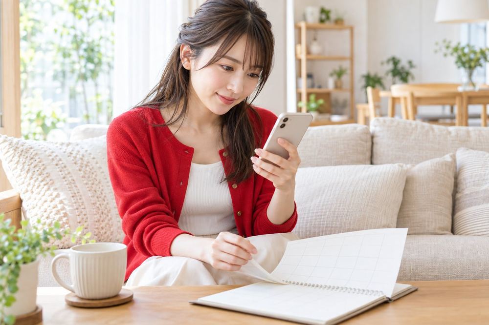 20代の女性がソファに座り、スマホのイベント画面を開いて今月の予定をカレンダーと見比べている