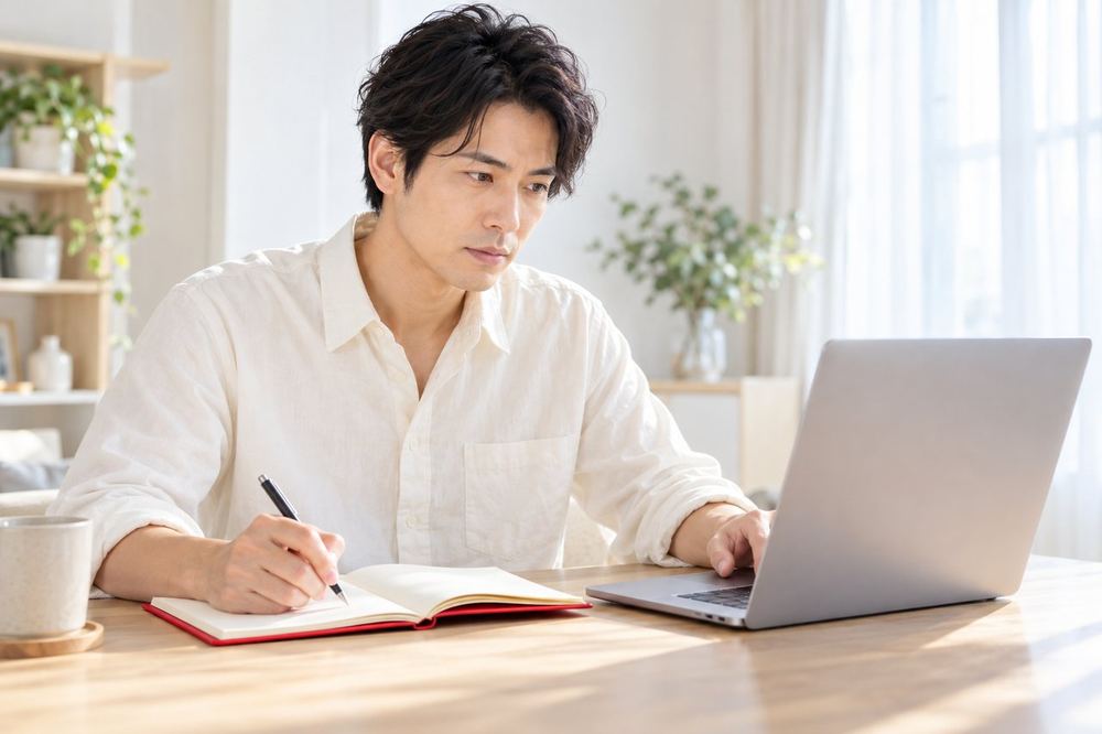 30代の男性がパソコンの前で公式ページの日付を一つずつ確かめ、手帳に予定を書き込んでいる