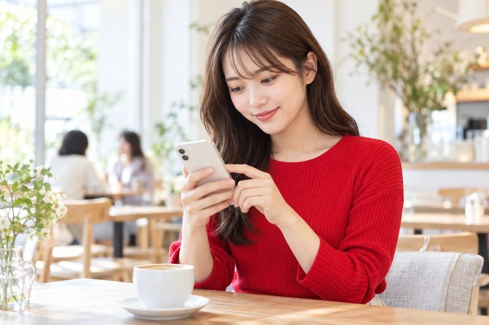 20代の女性がカフェの席でスマホを両手で持ち、イベント一覧の画面を指でスクロールしながら読んでいる