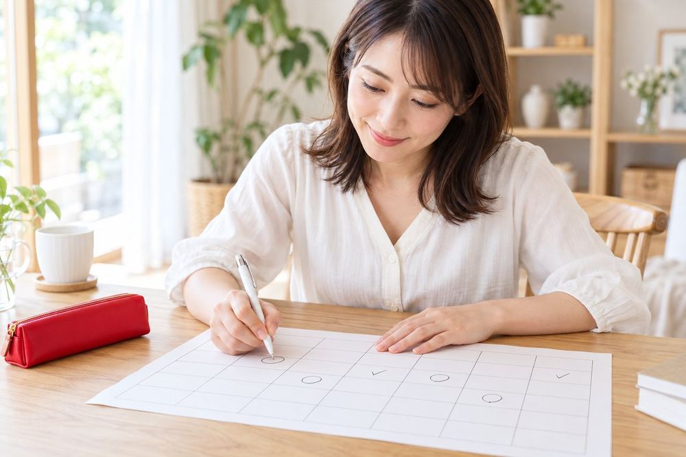 30代の女性が机の上で一週間の予定表を広げ、配信できる曜日と時間に印をつけている