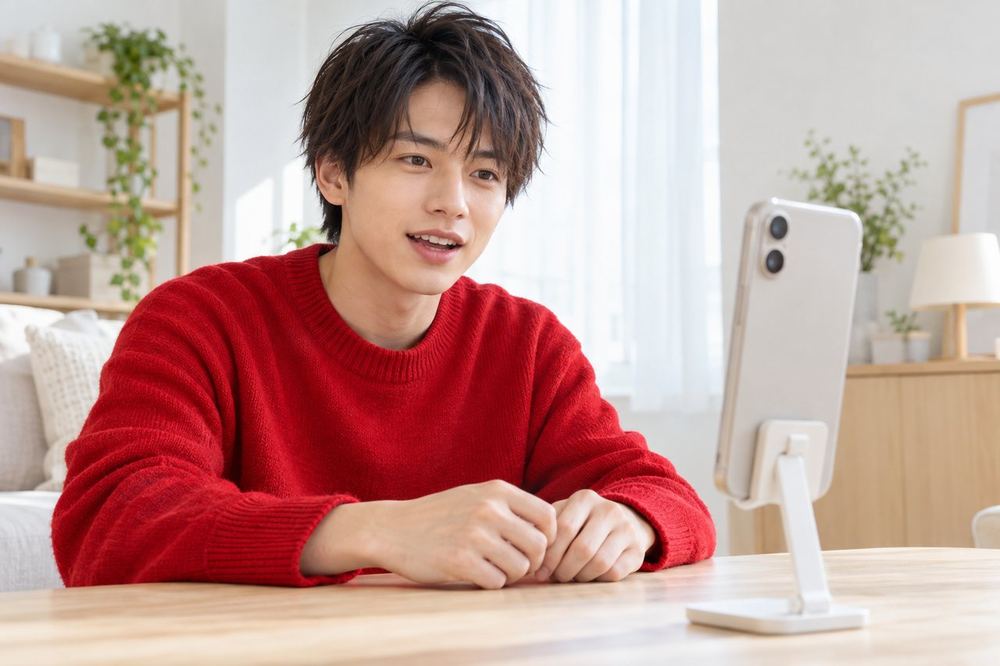 20代の男性が机でスマホを撮影用に立て、予定する配信の告知動画を話しながら録画している