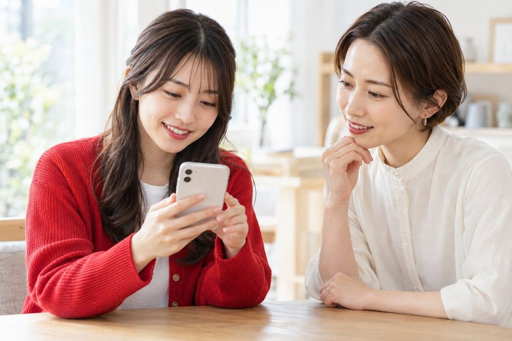 20代の女性が明るい部屋の机でスマホを見ながら、イベントへの参加について誰かと落ち着いて相談している