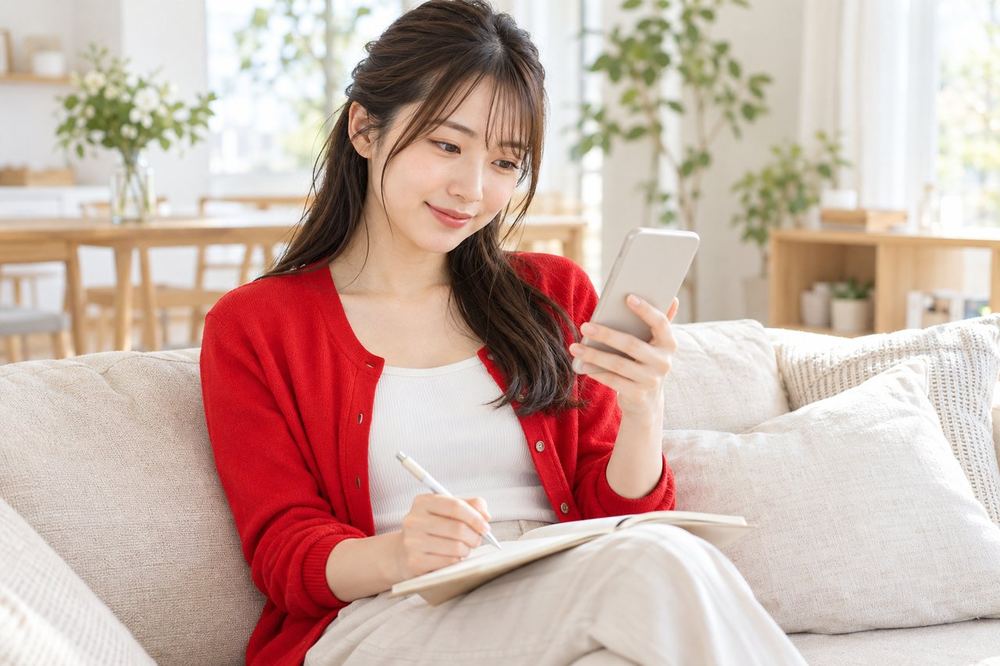 20代の女性がソファに座り、スマホの画面を見ながら配信の予定をノートに書き出している