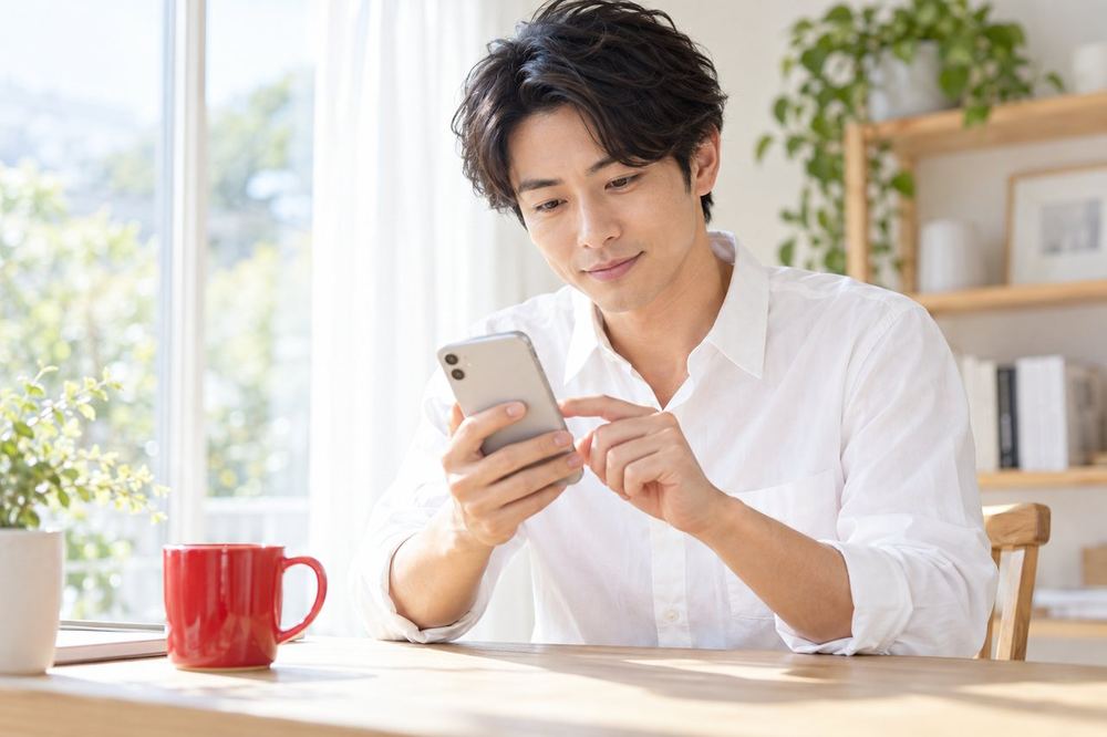 30代の男性が窓際の机でスマホを操作し、配信の日時を設定している